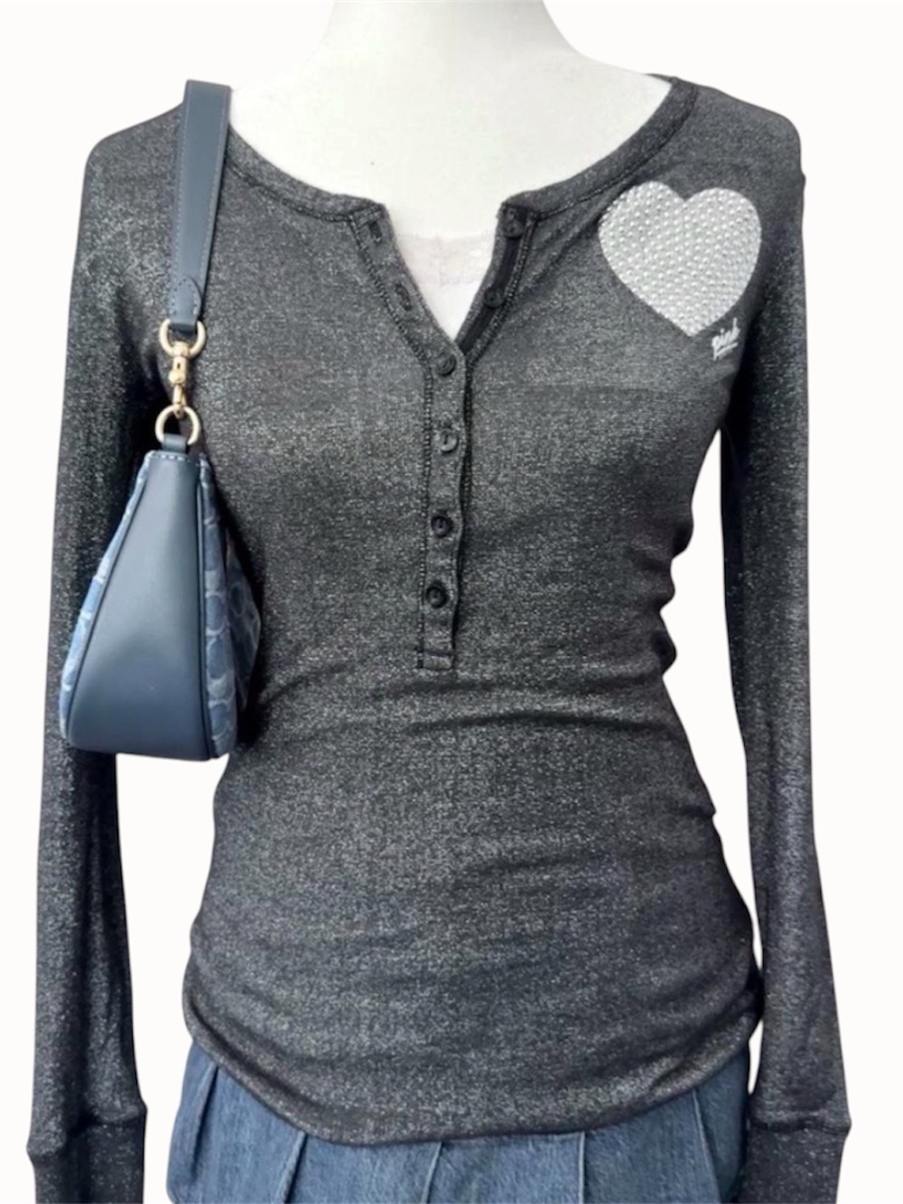 Pink Y2K Henley Long Sleeve Top Gray Sparkle Beaded Spellout Heart Vintage Small